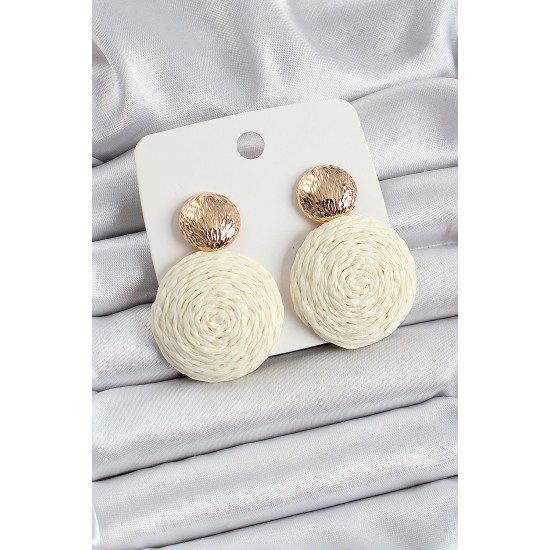 Krem Daire Figürlü Hasır Örgü Model Gold Renk Kadın Küpe - TJ-BKP10725