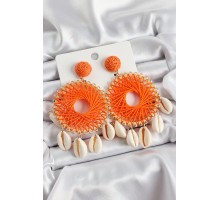 Turuncu Hasır Örgü Sarmal Model Sallantılı Deniz Kabuğu Detaylı Gold Renk Kadın Küpe - TJ-BKP10727