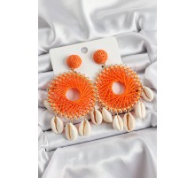 Turuncu Hasır Örgü Sarmal Model Sallantılı Deniz Kabuğu Detaylı Gold Renk Kadın Küpe - TJ-BKP10727