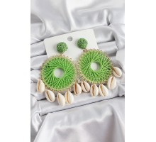 Yeşil Hasır Örgü Sarmal Model Sallantılı Deniz Kabuğu Detaylı Gold Renk Kadın Küpe - TJ-BKP10728