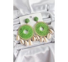 Yeşil Hasır Örgü Sarmal Model Sallantılı Deniz Kabuğu Detaylı Gold Renk Kadın Küpe - TJ-BKP10728