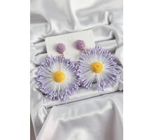 Mor Püsküllü Papatya Figürlü Hasır Örgü Model Gold Renk Kadın Küpe - TJ-BKP10734