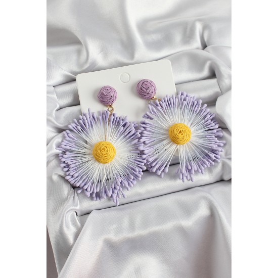 Mor Püsküllü Papatya Figürlü Hasır Örgü Model Gold Renk Kadın Küpe - TJ-BKP10734