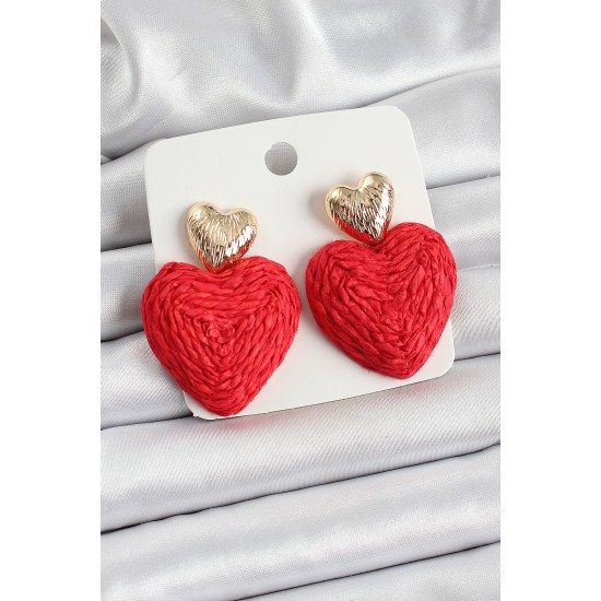 Kırmızı Kalp Figürlü Hasır Örgü Model Gold Renk Kadın Küpe - TJ-BKP10735