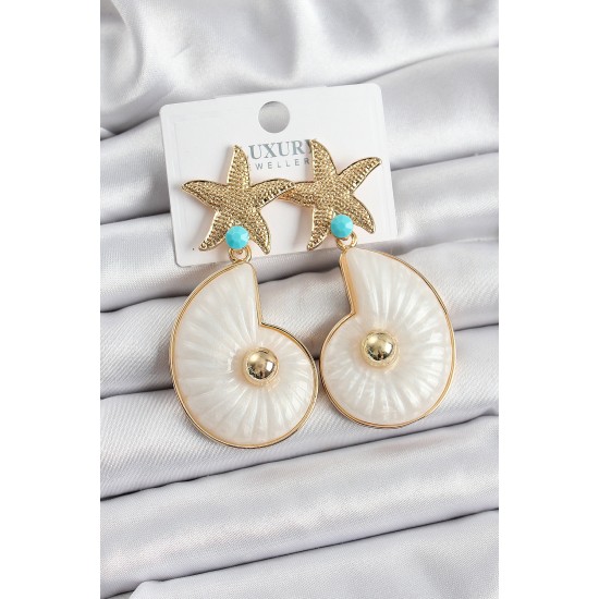 Pirinç Deniz Yıldızı Ve Deniz Kabuğu Figürlü Gold Renk Kadın Küpe - TJ-BKP10737