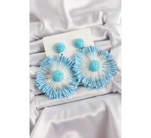 Mavi Püsküllü Papatya Figürlü Hasır Örgü Model Gold Renk Kadın Küpe - TJ-BKP10731