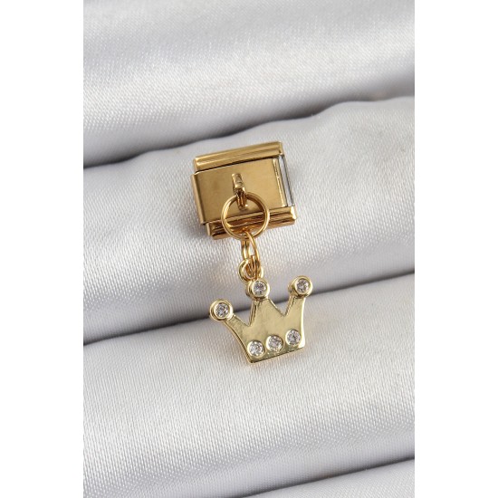 316L Çelik Sallantılı Zirkon Taşlı Kraliçe Tacı Model Gold Renk Nomination Charm - TJ-BC1397