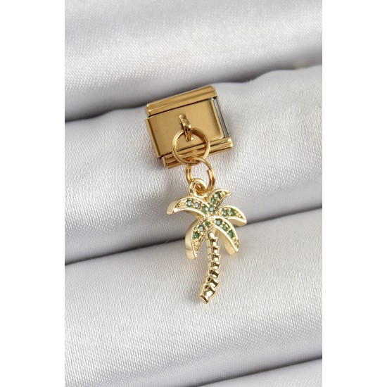 316L Çelik Sallantılı Zirkon Taşlı Palmiye Ağacı Model Gold Renk Nomination Charm - TJ-BC1398