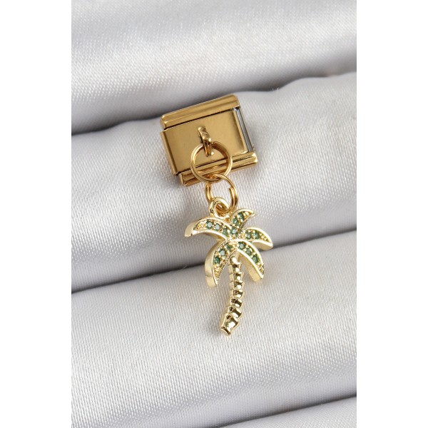 316L Çelik Sallantılı Zirkon Taşlı Palmiye Ağacı Model Gold Renk Nomination Charm - TJ-BC1398