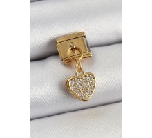 316L Çelik Sallantılı Zirkon Taşlı Kalp Model Gold Renk Nomination Charm - TJ-BC1401