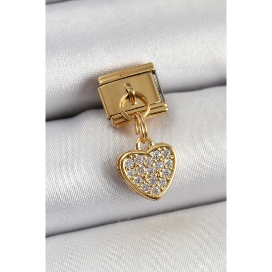 316L Çelik Sallantılı Zirkon Taşlı Kalp Model Gold Renk Nomination Charm - TJ-BC1401