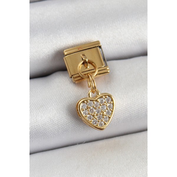 316L Çelik Sallantılı Zirkon Taşlı Kalp Model Gold Renk Nomination Charm - TJ-BC1401