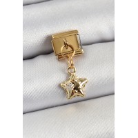 316L Çelik Sallantılı Zirkon Taşlı Yıldız Model Gold Renk Nomination Charm TJ-BC1402