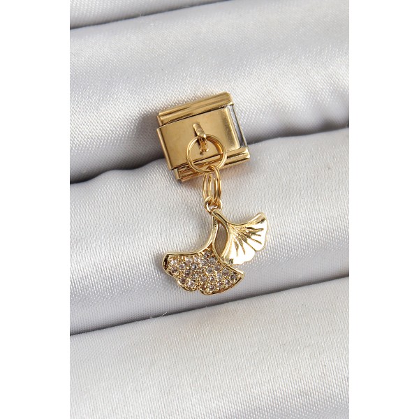 316L Çelik Sallantılı Zirkon Taşlı Balık Kuyruğu Model Gold Renk Nomination Charm - TJ-BC1404