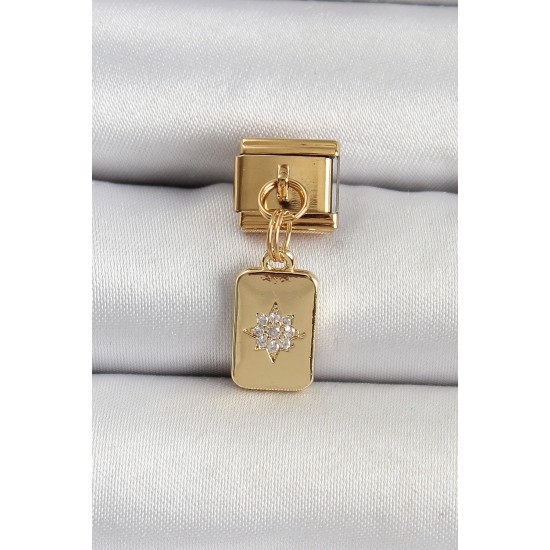 316L Çelik Sallantılı Zirkon Taşlı Kutup Yıldızı Figürlü Dikdörtgen Model Gold Renk Nomination Charm - TJ-BC1406