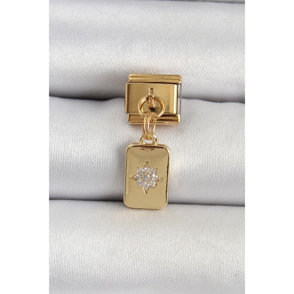 316L Çelik Sallantılı Zirkon Taşlı Kutup Yıldızı Figürlü Dikdörtgen Model Gold Renk Nomination Charm - TJ-BC1406