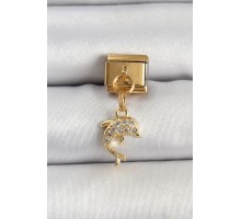 316L Çelik Sallantılı Zirkon Taşlı Yunus Balığı Model Gold Renk Nomination Charm - TJ-BC1407