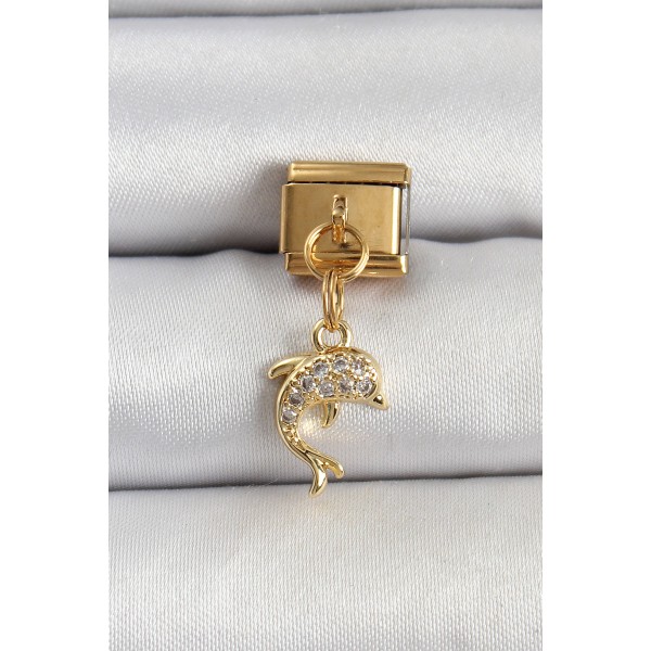 316L Çelik Sallantılı Zirkon Taşlı Yunus Balığı Model Gold Renk Nomination Charm - TJ-BC1407