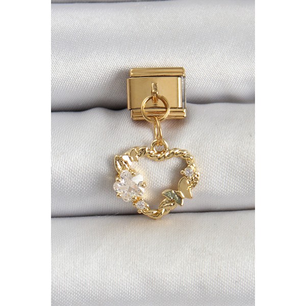 316L Çelik Sallantılı Zirkon Taşlı Kalp Model Gold Renk Nomination Charm - TJ-BC1409