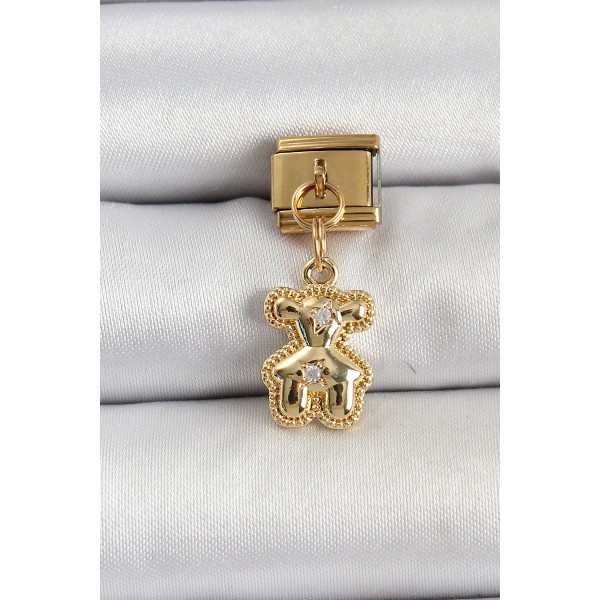316L Çelik Sallantılı Zirkon Taşlı Ayıcık Model Gold Renk Nomination Charm - TJ-BC1410