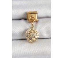 316L Çelik Sallantılı Zirkon Taşlı Ay Ve Güneş Model Gold Renk Nomination Charm - TJ-BC1411