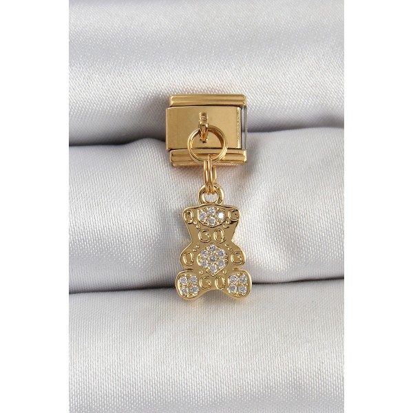 316L Çelik Sallantılı Zirkon Taşlı Ayıcık Model Gold Renk Nomination Charm - TJ-BC1413