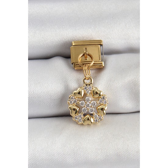 316L Çelik Sallantılı Zirkon Taşlı Kalp Detaylı Yıldz Model Gold Renk Nomination Charm - TJ-BC1415