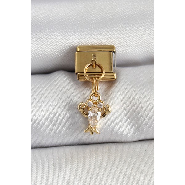 316L Çelik Sallantılı Zirkon Taşlı Yengeç Model Gold Renk Nomination Charm - TJ-BC1417