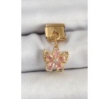 316L Çelik Sallantılı Zirkon Taşlı Çiçek Figürlü Kelebek Model Gold Renk Nomination Charm TJ-BC1419