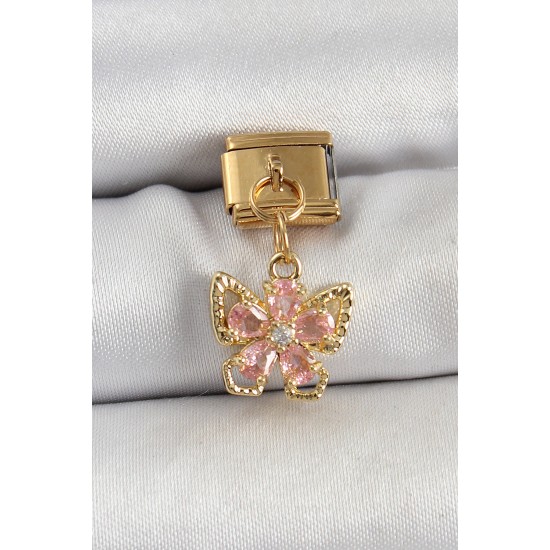 316L Çelik Sallantılı Zirkon Taşlı Çiçek Figürlü Kelebek Model Gold Renk Nomination Charm - TJ-BC1419