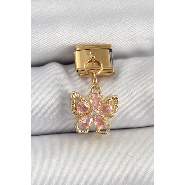 316L Çelik Sallantılı Zirkon Taşlı Çiçek Figürlü Kelebek Model Gold Renk Nomination Charm - TJ-BC1419