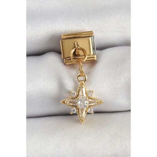316L Çelik Sallantılı Zirkon Taşlı Kutup Yıldızı Model Gold Renk Nomination Charm - TJ-BC1420