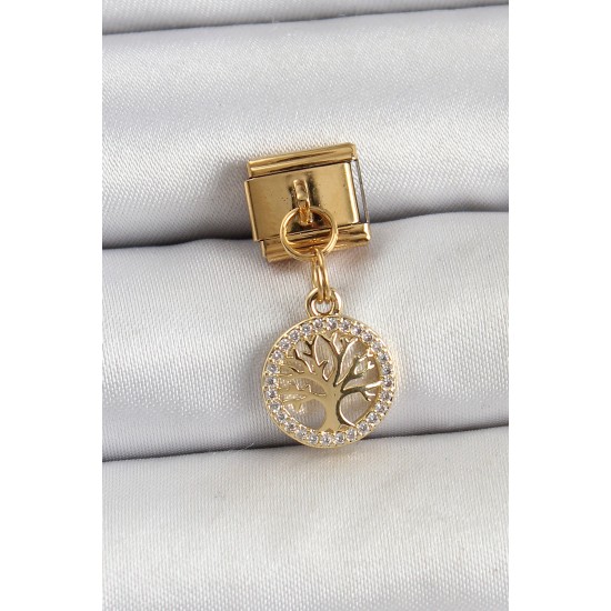 316L Çelik Sallantılı Zirkon Taşlı Hayat Ağacı Model Gold Renk Nomination Charm - TJ-BC1422