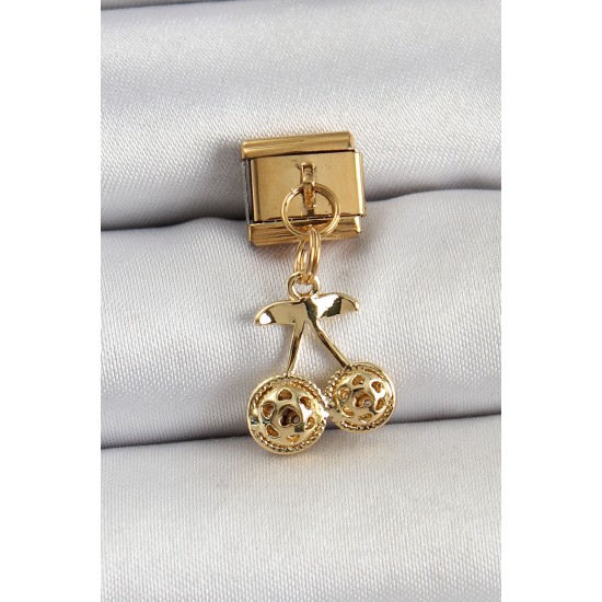 316L Çelik Sallantılı Zirkon Taşlı Fiyonk Model Gold Renk Nomination C316L Çelik Sallantılı Kiraz Model Gold Renk Nomination Charm - TJ-BC1425