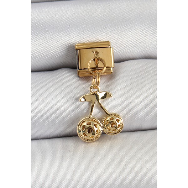 316L Çelik Sallantılı Zirkon Taşlı Fiyonk Model Gold Renk Nomination C316L Çelik Sallantılı Kiraz Model Gold Renk Nomination Charm - TJ-BC1425