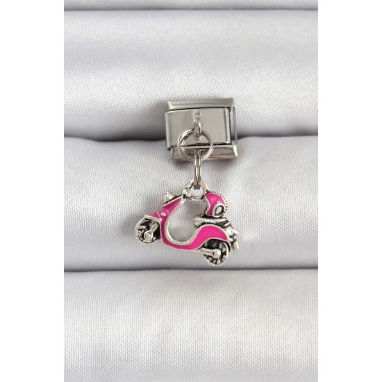 316L Çelik Gümüş Renk Pembe Scooter Model Nomination Charm - TJ-BC1514