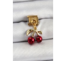 316L Çelik Sallantılı Kırmızı Kiraz Model Gold Renk Nomination Charm - TJ-BC1428