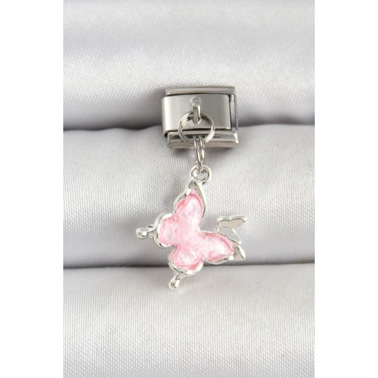 316L Çelik Gümüş Renk Pembe Kelebek Model Nomination Charm - TJ-BC1512