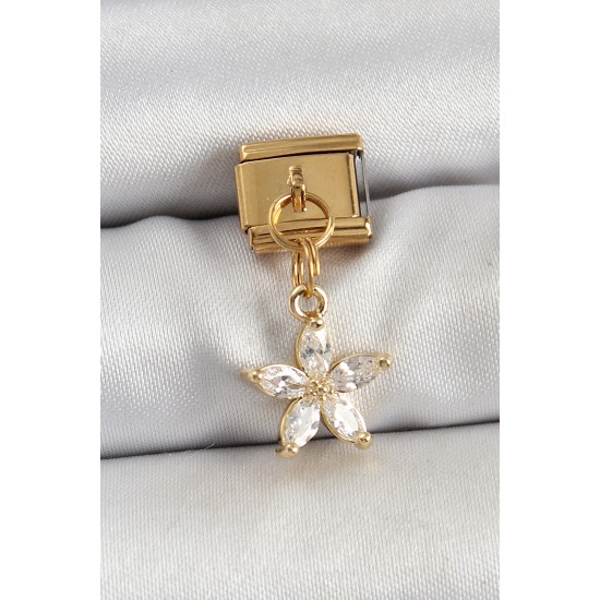 316L Çelik Sallantılı Zirkon Taşlı Çiçek Model Gold Renk Nomination Charm - TJ-BC1429