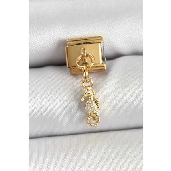 316L Çelik Sallantılı Zirkon Taşlı Çiçek Model Gold Renk Nomination Charm - TJ-BC1430