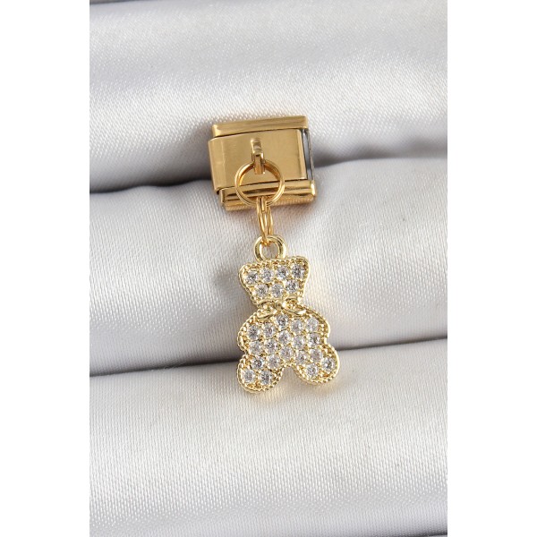 316L Çelik Sallantılı Zirkon Taşlı Ayıcık Model Gold Renk Nomination Charm - TJ-BC1432