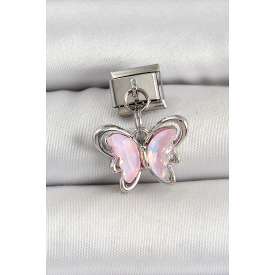 316L Çelik Gümüş Renk Pembe Kelebek Nomination Charm - TJ-BC1508