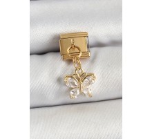 316L Çelik Sallantılı Zirkon Taşlı Kelebek Model Gold Renk Nomination Charm - TJ-BC1434