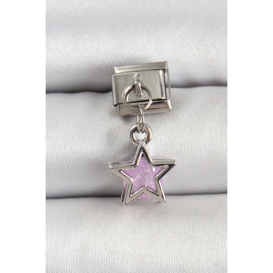 316L Çelik Gümüş Renk Pembe Taşlı Yıldız Model Nomination Charm - TJ-BC1503