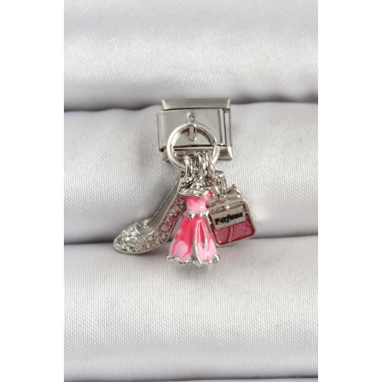 316L Çelik Gümüş Renk Pembe Elbise Kombini Model Nomination Charm - TJ-BC1502
