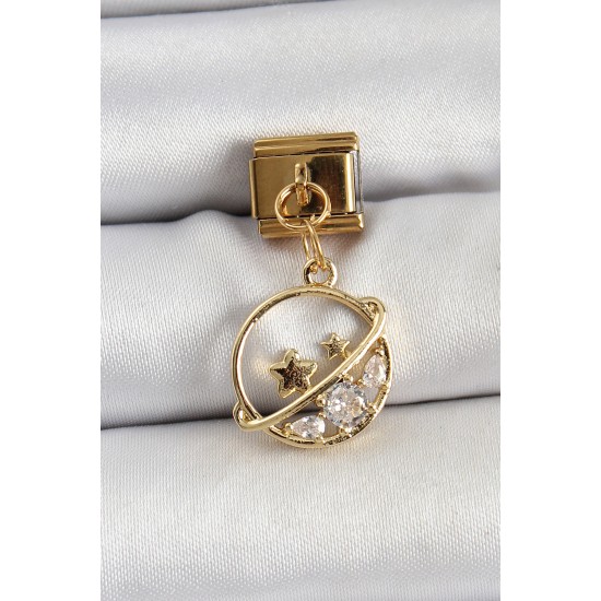 316L Çelik Sallantılı Zirkon Taşlı Satürn Model Gold Renk Nomination Charm - TJ-BC1418