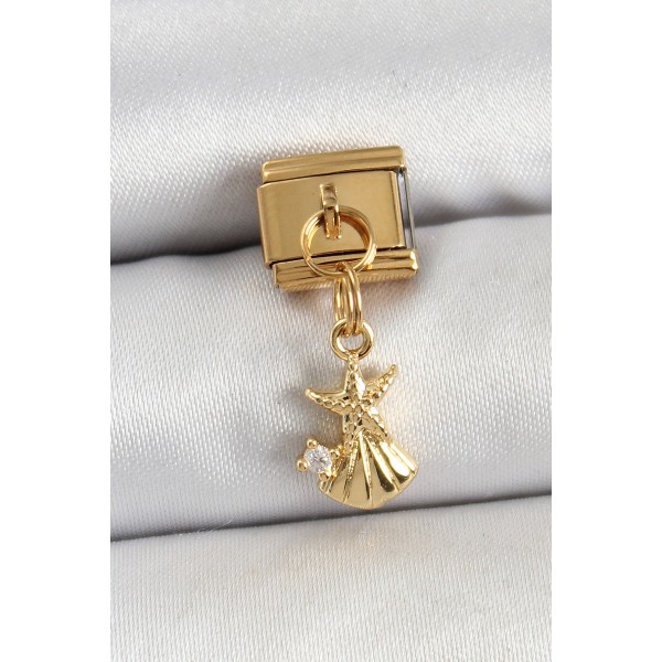 316L Çelik Sallantılı Zirkon Taşlı Deniz Yıldızı Ve İstiridye Model Gold Renk Nomination Charm - TJ-BC1438