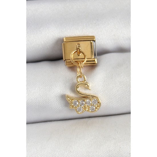316L Çelik Sallantılı Zirkon Taşlı KuğuModel Gold Renk Nomination Charm - TJ-BC1439