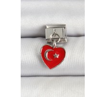 316L Çelik Gümüş Renk Kalp Türk Bayrağı Model Nomination Charm - TJ-BC1498