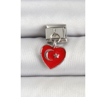 316L Çelik Gümüş Renk Kalp Türk Bayrağı Model Nomination Charm - TJ-BC1498